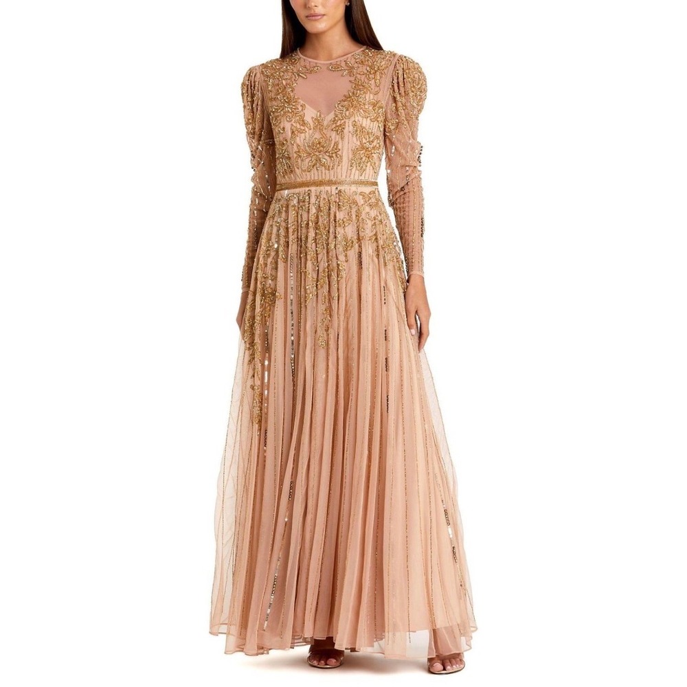 Mac Duggal 93638 Beaded Illusion Puff Sleeve Gown Nude Gold Sz 8 NWT $598